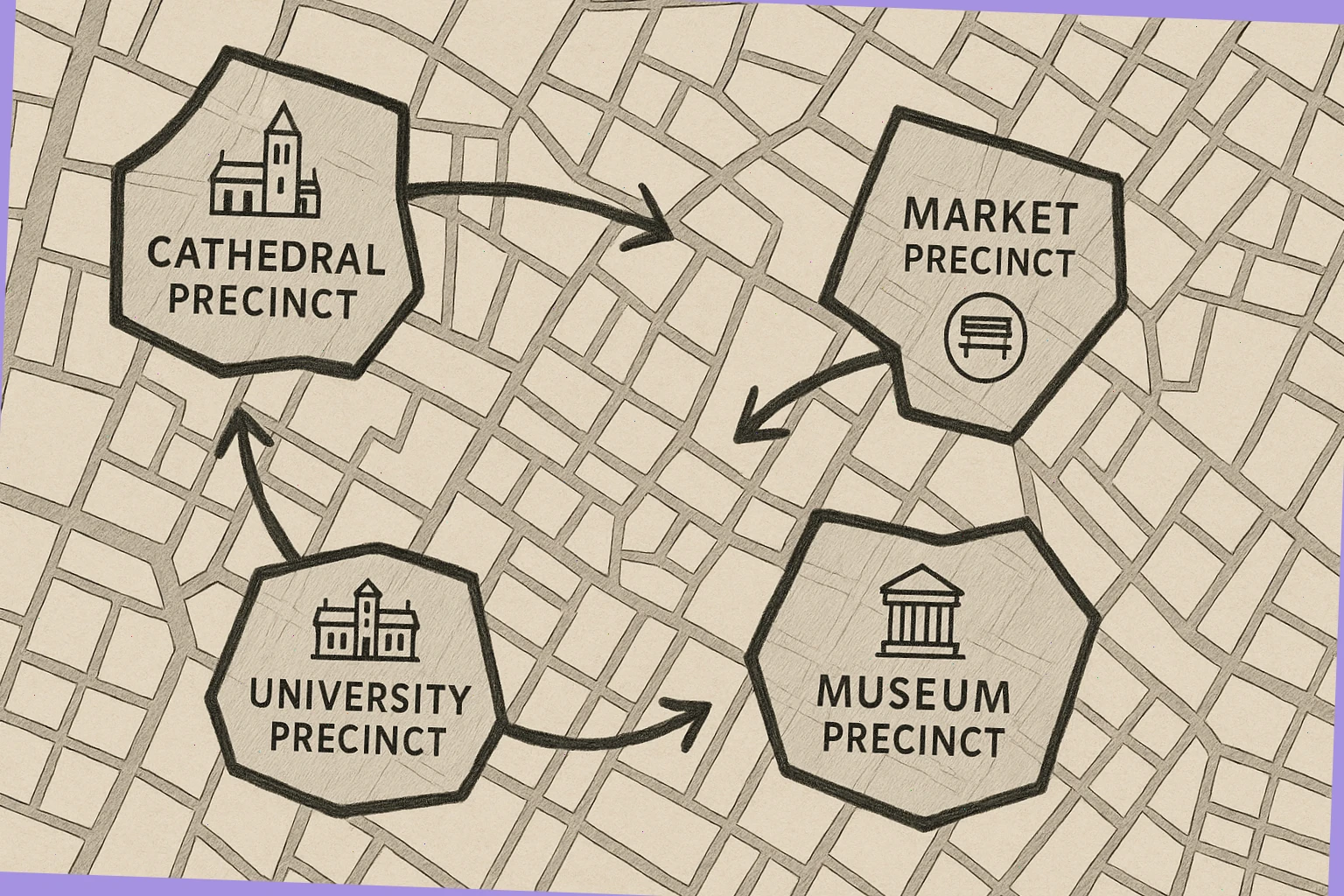 Hand-drawn city map linking precincts with arrows and rest points