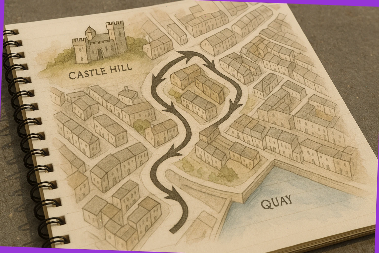 Simple city map linking castle hill to quay with pacing arrows