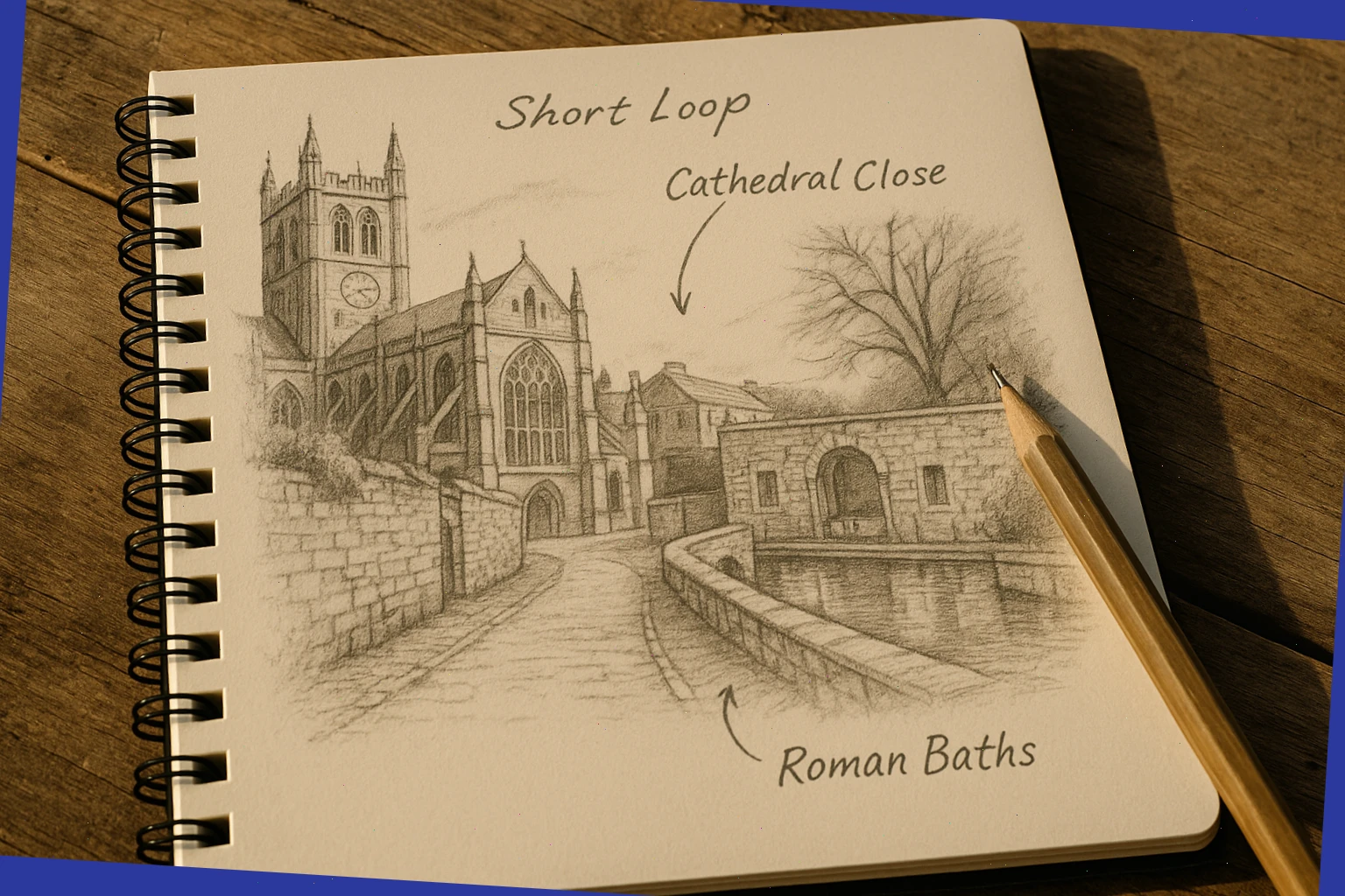 Notebook sketch of a short loop around cathedral close and Roman baths