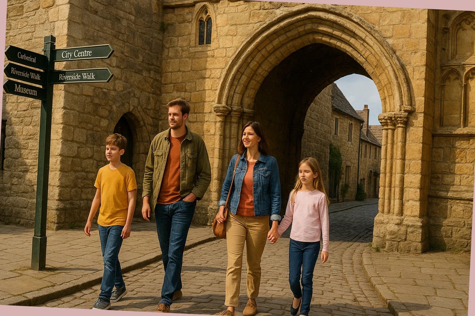 Family walking past a medieval gate with wayfinding signs